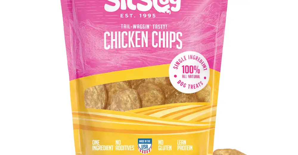A SitStay Chicken Chips bag with loose chips spilled in front