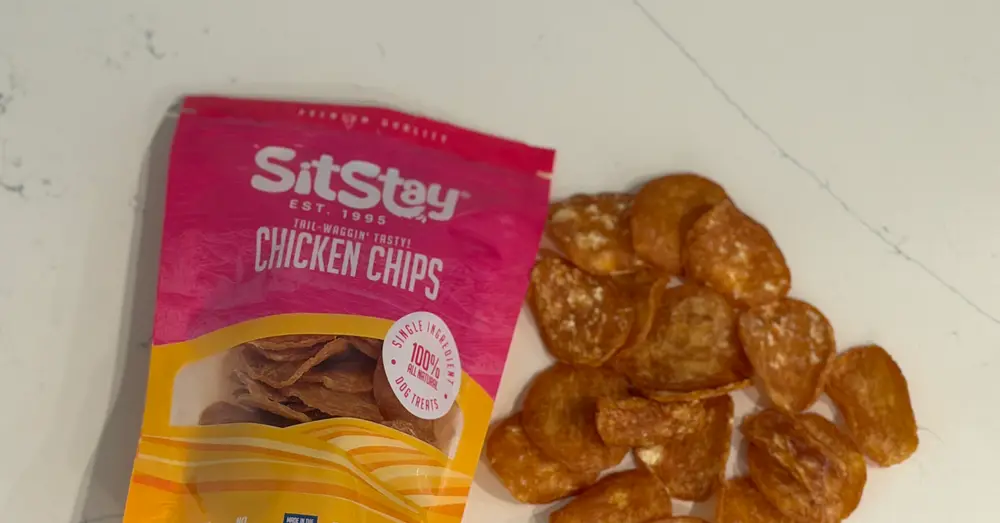 Crisp dehydrated chicken chips on a counter
