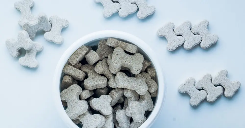 Top view of bone-shaped dog treats in a white bowl, on a light blue background.