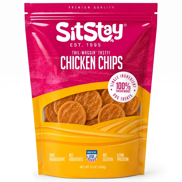 A bag of SitStay single-ingredient Chicken Chips dog treats